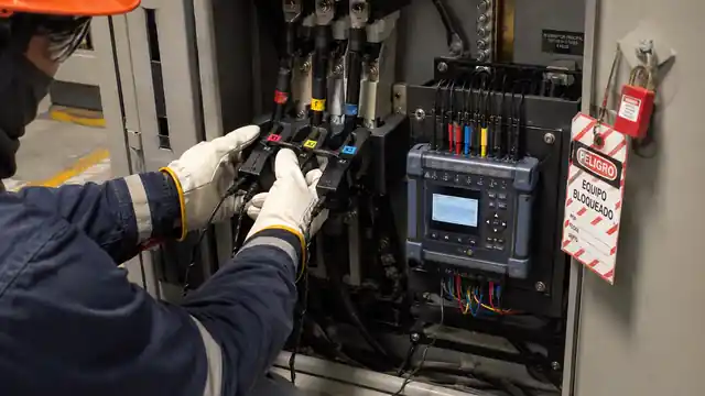 Engineer connecting a power quality analyzer to a locked-out electrical panel